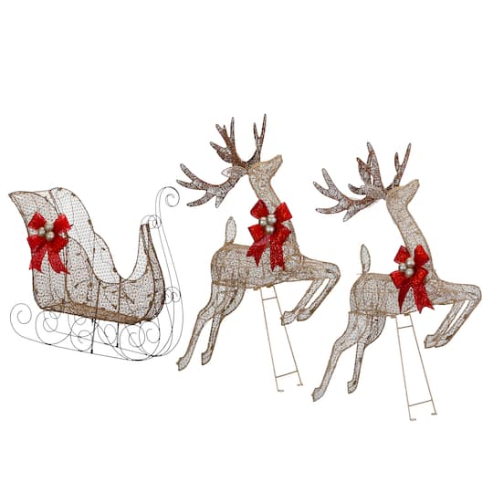 Champagne Reindeer and Sleigh with Clear Lights Decoration